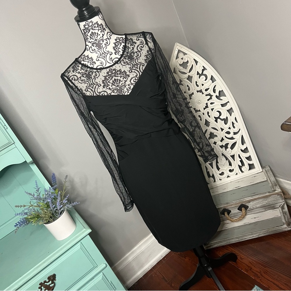 Vince Camuto Ruched Dot Mesh Dress Size Medium Black LBD Wedding Guest - Picture 2 of 14